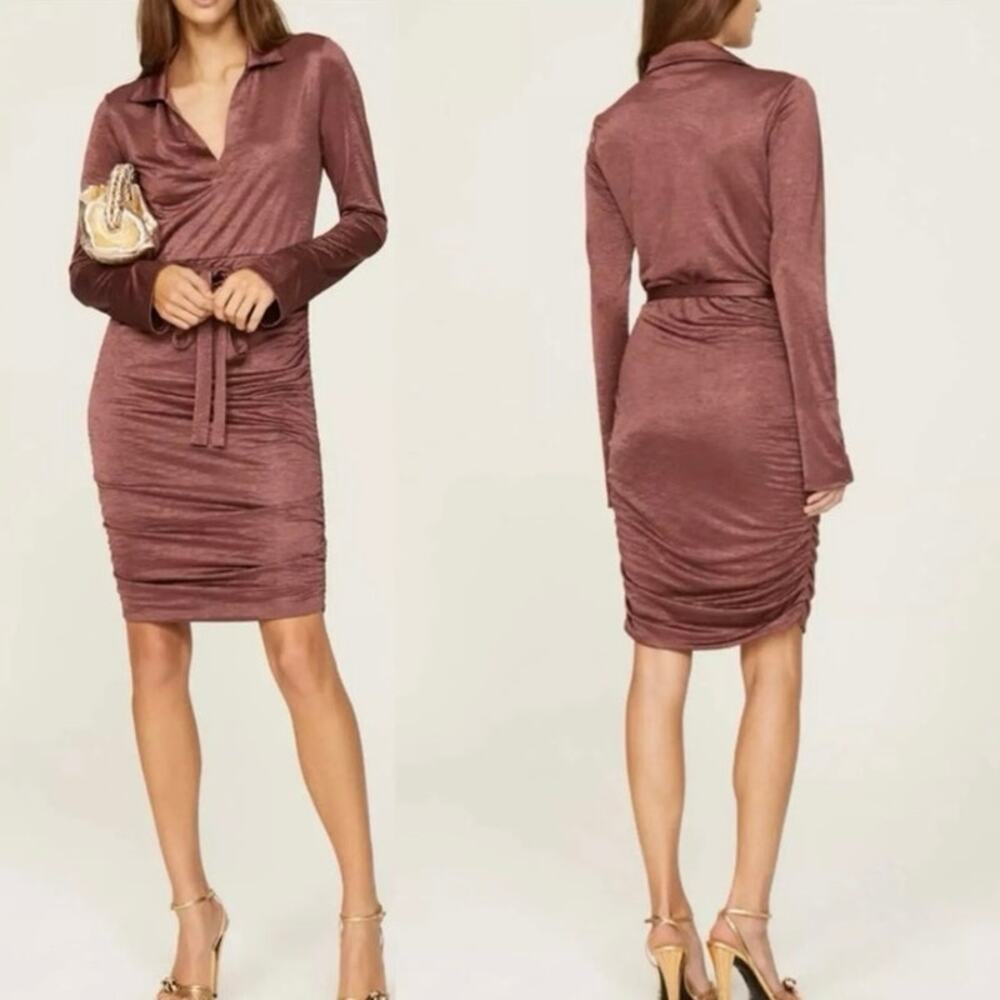 RTR Louna Size S Brown Shimmery Collared Long Sleeve Side Ruched Mini Dress